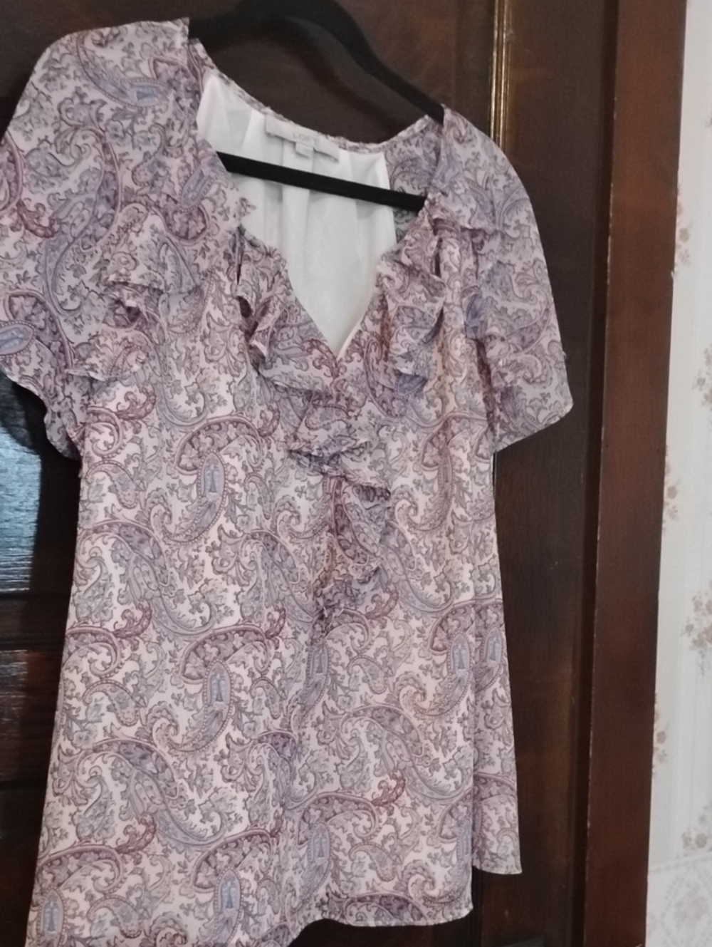LOFT Lavender Paisley Ruffle V-Neck Blouse